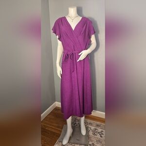 DKNY V-Neck Tie Front Back Zip Ruffled Sleeve Midi Dress Size 14